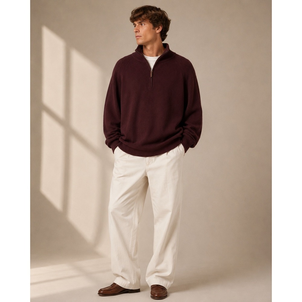 Nordstrom Quarter Zip Sweater Mens XXL Burgundy Cotton Cashmere Knit Preppy